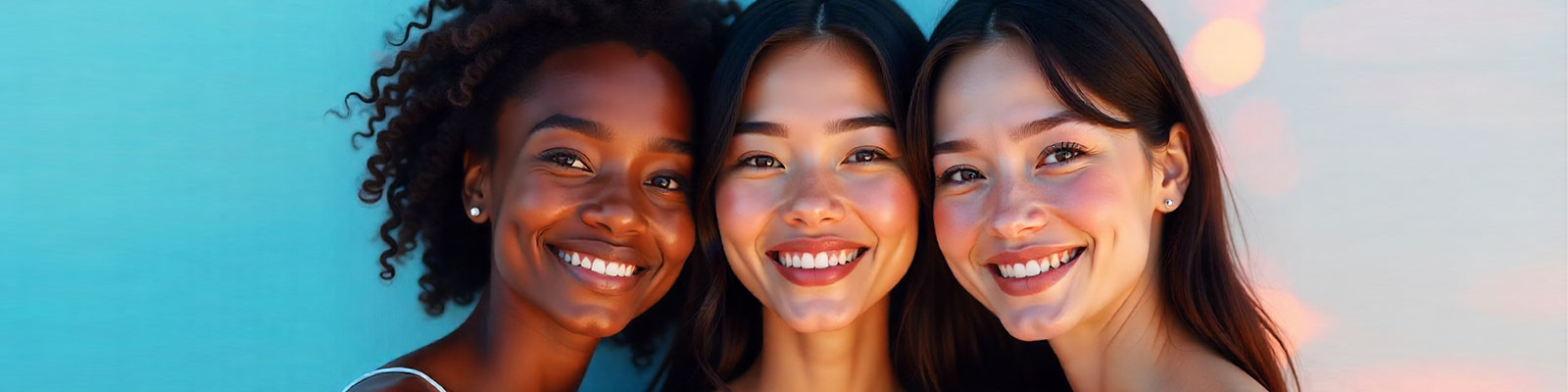 Three smiling girls of different ethnicities holding each other by the shoulders
